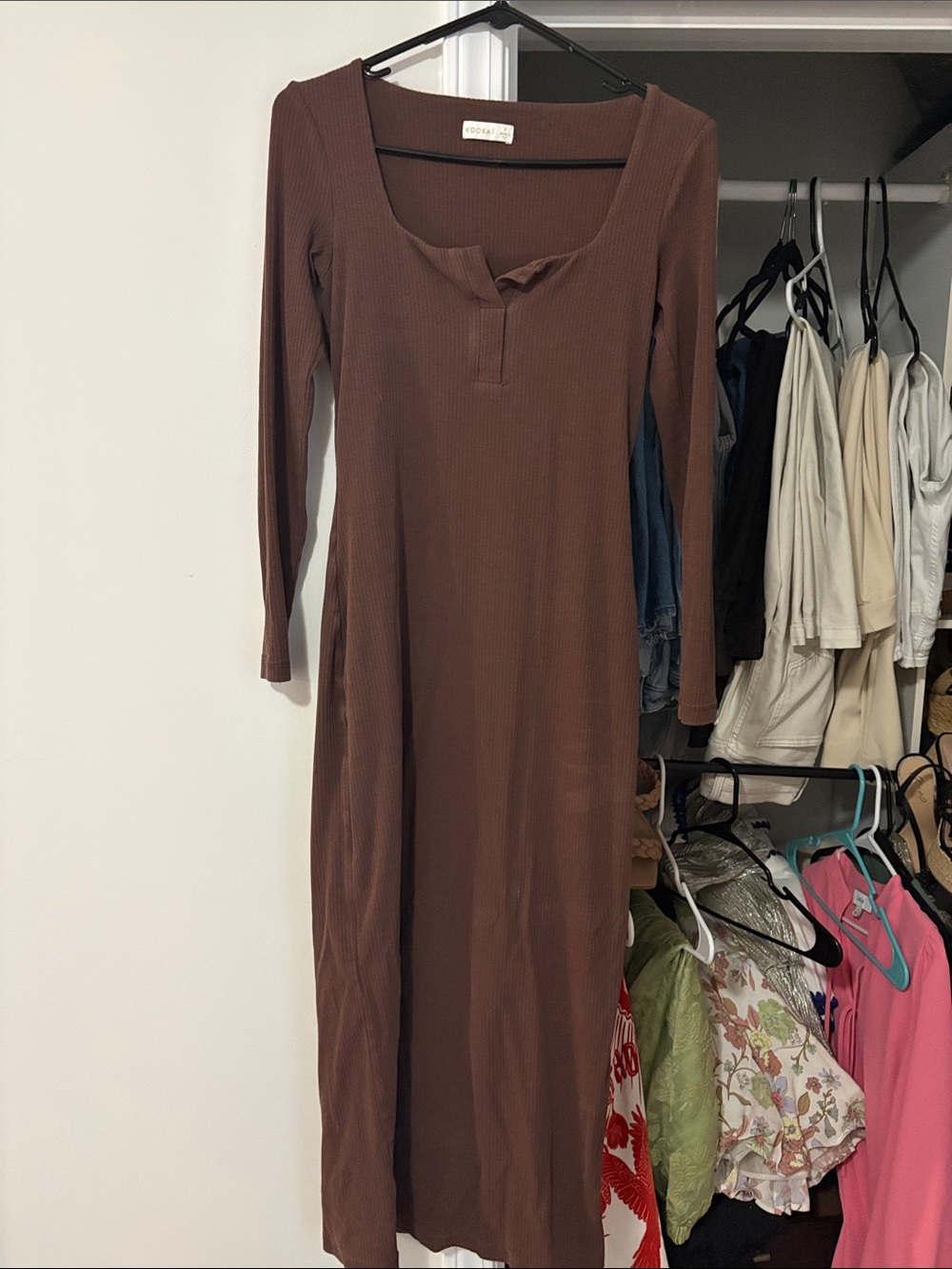 Kookai Ribbed Long Sleeve Brown Maxi Dress